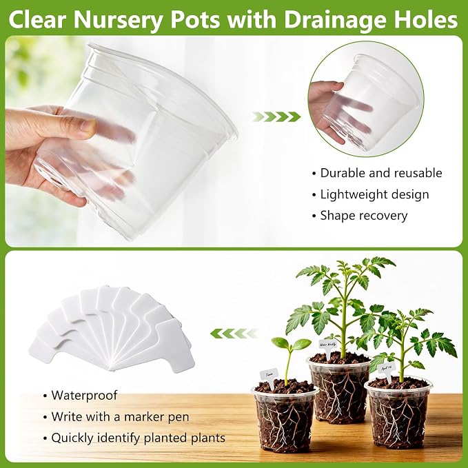 36 Pack 6/8/10 Inch Clear Nursery Pots with Drainage Holes, Transparent Plastic Plant Pots with 40 Waterproof Tags and 2 Mini Transplant Tools, Clear Pot for Plants and Vegetables(Each Size 12)