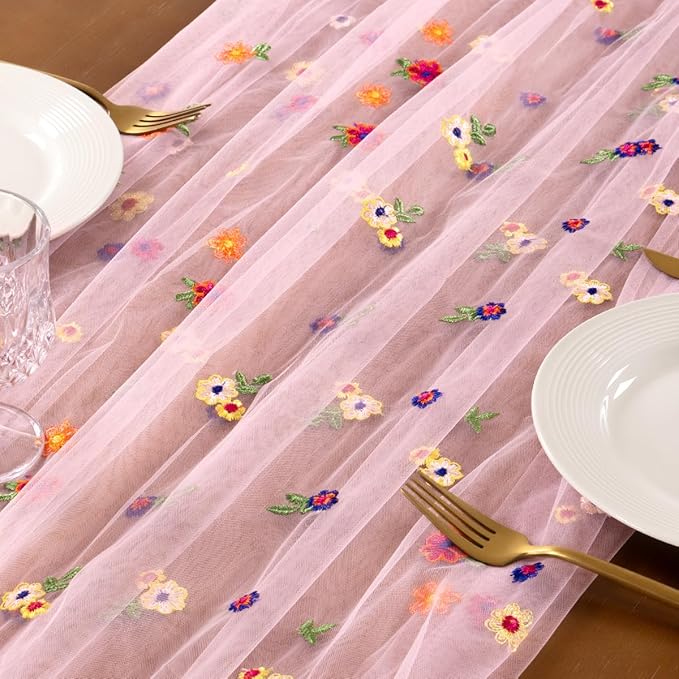 Socomi Flower Table Runner Summer Daisy Floral Tulle Gauze Cheesecloth Embroidery Table Runners for Tea Party Garden Wedding Bridal Baby Shower Birthday Picnic Decor Pink 1pc