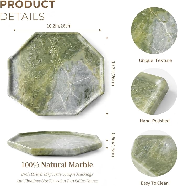 Real Natural Marble Octagon Tray 10.2in Solid Stone Decorative Plate | Luxury Green Marble Decor Tray for Candle, Jewelry, Plant. Food-Safe Solid Stone Serving Dish with Unique Veining