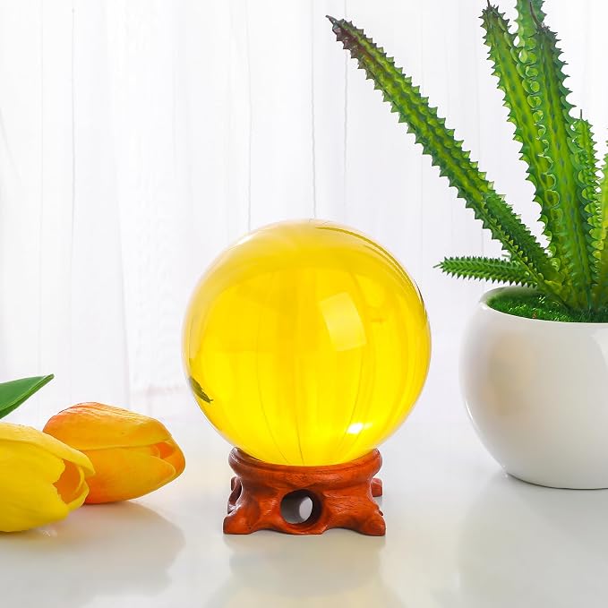 Yellow Crystal Ball 80mm/3.1inch with Rose Wooden Stand and Gift Box for lensball Photography,Fortune Teller,Feng Shui, Witchcraft Decor,Scrying,Magic,Quartz Crystal Orb Prop Decorative Glass Sphere