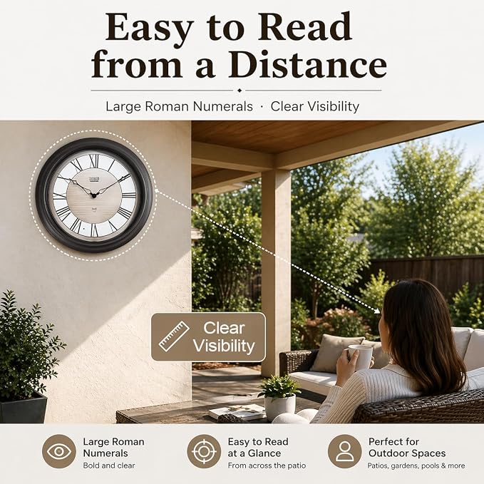 Pytha Sight 18 Inch Outdoor Clocks Waterproof, Atomic Analog Large Roman Numerals Outdoor Wall Clock with Light Sensor, Silent Non-Ticking Outdoor Clock for Patio Garden Porch Pool