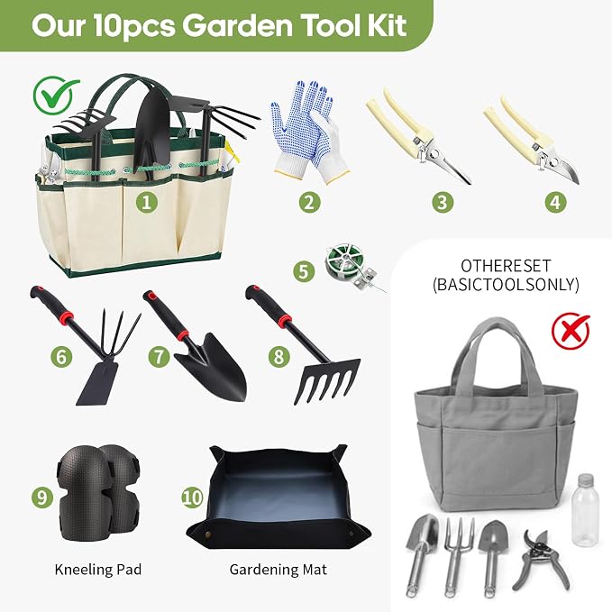 Gardening Tools, Garden Hand Tools for Gardening, with Non-Slip Rubber Grip, Gloves & Storage Tote Bag, 10Pcs Gardening Accessories Set Kit Gifts for Men Women