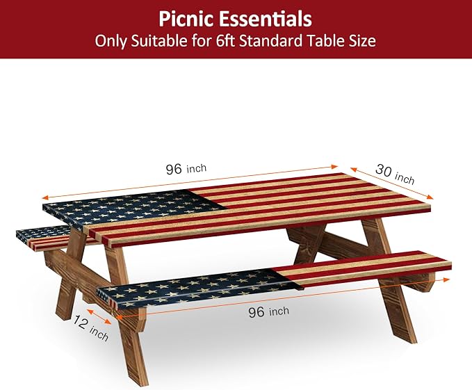 Picnic Table Cover with Bench Covers 8FT 3PCS, 250th Anniversary Rectangle Tablecloth, Waterproof Fade Resistant American Flag Decor for 4th of July for Outdoor Parties, 96", US Flag