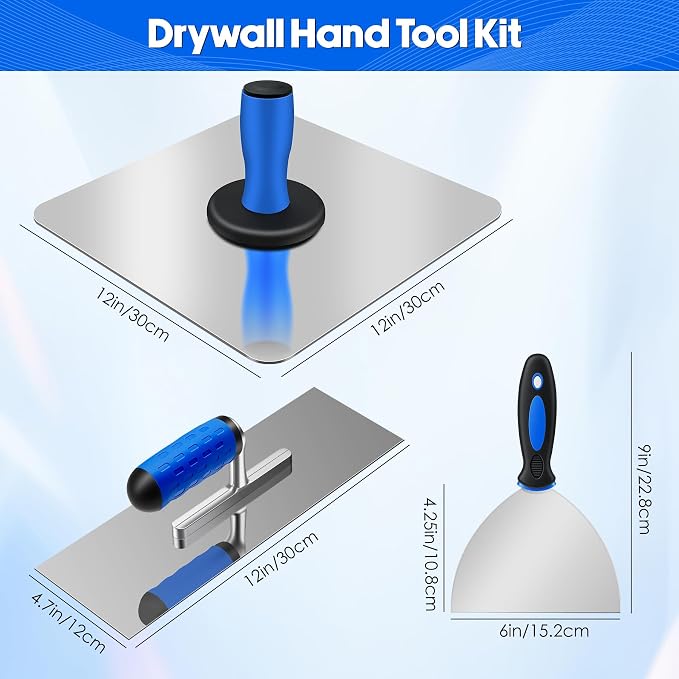 Drywall Hand Tool Kit, 12" Aluminum Plaster Hawk Mortar Board Holder, 12" x 4.7"Stainless Steel Finishing Trowel & 6” Stainless Steel Joint Knife, Flat Masonry Mud Hawk, Stucco Plaster Tool