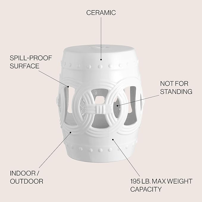 JONATHAN Y Lucky Coins 16" Ceramic Garden Stool, Contemporary White Cutout Interlocking Rings Drum Indoor/Outdoor Side Table and Plant Stand for Patio, Garden, Living Room TBL1022A