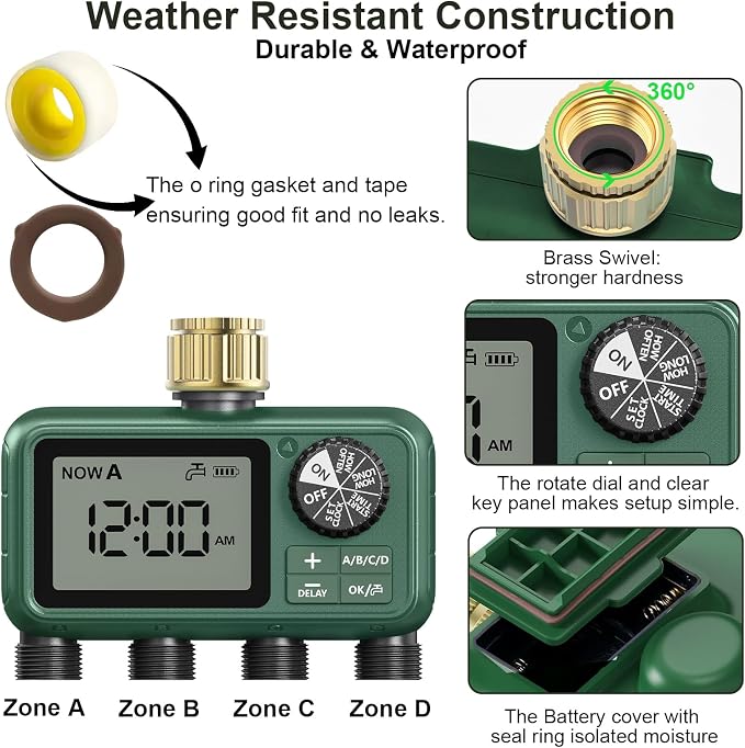 Water Timer for Outdoor Garden Hose, Sprinkler Timer for Garden Faucet with Auto/Manual/Rain Delay Mode, Sprinkler Irrigation Controller for Yard Lawn (4 Zones Brass Inlet)