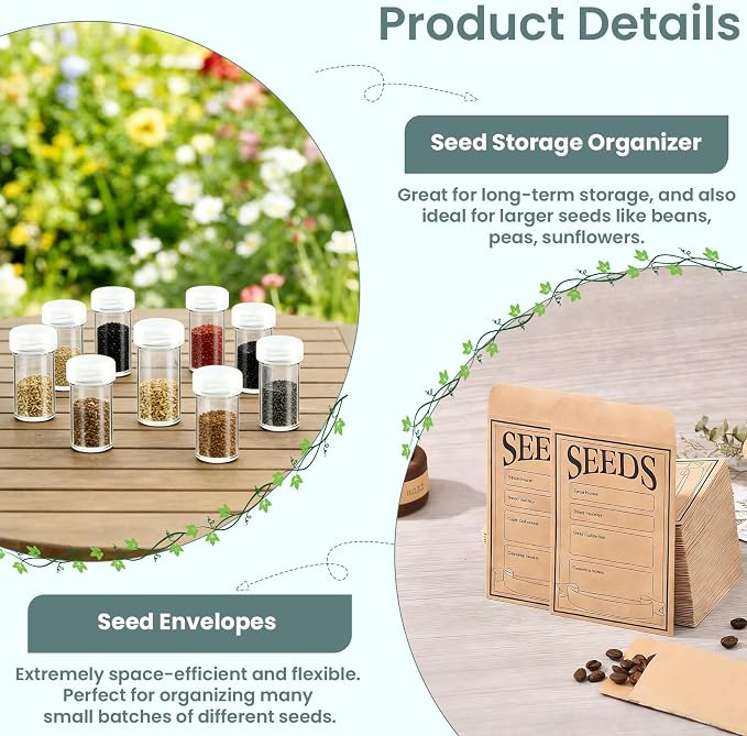 Seed Storage Organizer Box, Metal Seed Box, Garden Seed Organizer with Lid, Seed Containers Storage with 4 Compartments, 30 Seed Holder Organizers, 100pcs Seed Envelopes (Blue)