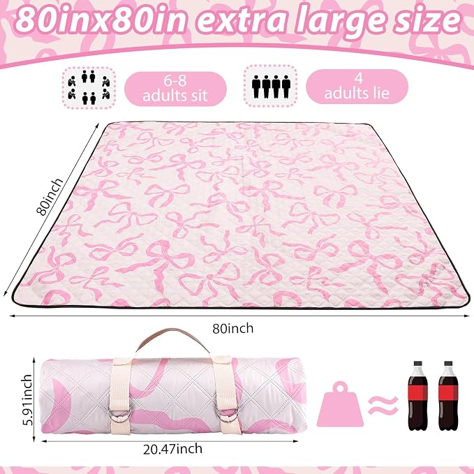 SmoothNovelty Pink Bow Picnic Blanket 80'' x 80'' Waterproof Extra Large Camping Blanket Coquette Picnic Mat Foldable Portable Preppy Outdoor Beach Mat with Carry Strap for Outdoor Grass Lawn Park