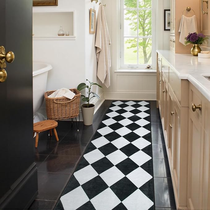 Beeiva Checkered Print Runners for Hallways 2.5x8, Ultra Thin Black Kitchen Runners Non Skid Washable 8 ft, Modern Diamond Stain Resistant Low Pile Carpet for Bathroom Entryway Bedroom Laundry