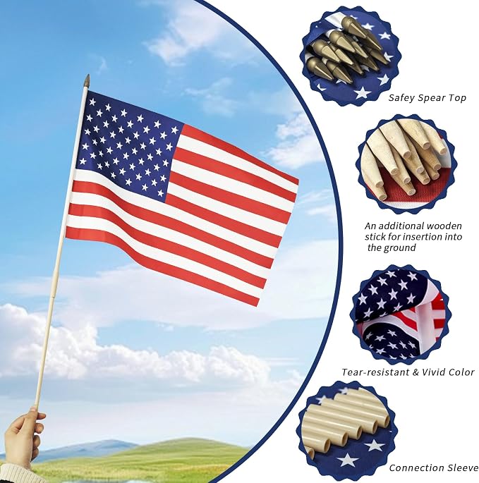 12x18 Inch American Flags on Stick - Patriotic American Flags for Outside, USA Stick Flag Perfect for Independence Day, Memorial Day, 4th of July Decorations (100)