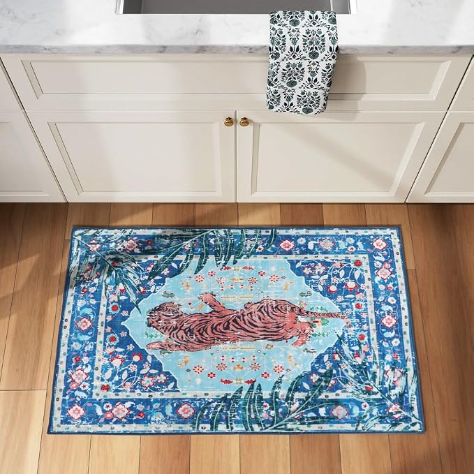 2x3 FT Leopard Rug for Living Room Vintage Animal Rug Aesthetic Rugs for Girls Room Nursery Bedroom Home Office Dorm Thin Bright Blue Carpet (Blue, 2X3 FT)