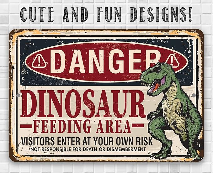 Danger, Dinosaur Feeding Area - Great Boy's Room Decor, Vintage Warning Signs for Kids Bedroom and Playroom, Great Baby Shower and Birthday Gifts, 8x12 Indoor/Outdoor Durable Metal Sign