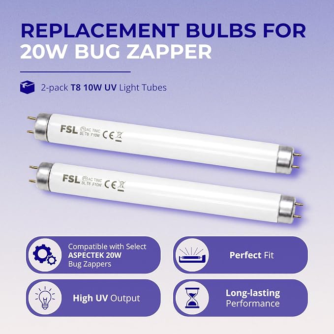 ASPECTEK 20W Bug Zapper Replacement Bulbs - Pack of 2 x 10W, T8 UV Light Tubes for Compatible ASPECTEK 20W Electric Bug Zapper 1-Inch Diameter, 34.5 cm Pin-to-Pin Length