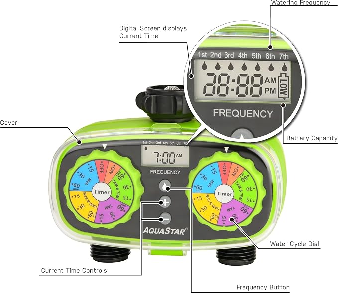 AQUASTAR Two-Zone Hose Watering Timer (Green), Automatic Irrigation for Lawn, Garden, Yard, Two Outlets