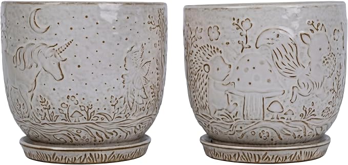 Claybourne Embossed Terracotta Plant Pots with Drainage Hole & Saucer, 4/6/8 Inch, Indoor/Outdoor Planter with Pebbles (White（Forest Elf）, 6 inch)