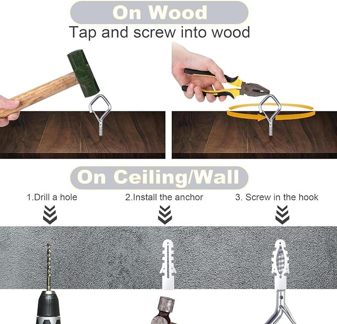 50 PCS Sliver Eye Screw Hooks for Hanging Heavy Duty with Safety Buckle.Metal Ceiling Hooks for Hanging Plants Cup Wind Chime Bird Feeders Patio Lights At Indoor&Outdoor