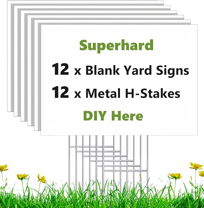 12 Pack 17 x 12 White Blank Yard Signs with Stakes, Weatherproof Corrugated Plastic Board Sign, Blank Lawn Signs for Outside Rent, Sale, DIY, Party, Event, Advertising, Garden, Guidepost Decorations