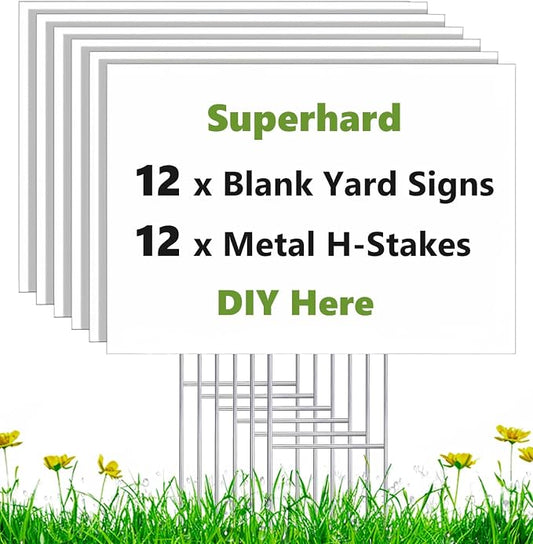 12 Pack 17 x 12 White Blank Yard Signs with Stakes, Weatherproof Corrugated Plastic Board Sign, Blank Lawn Signs for Outside Rent, Sale, DIY, Party, Event, Advertising, Garden, Guidepost Decorations