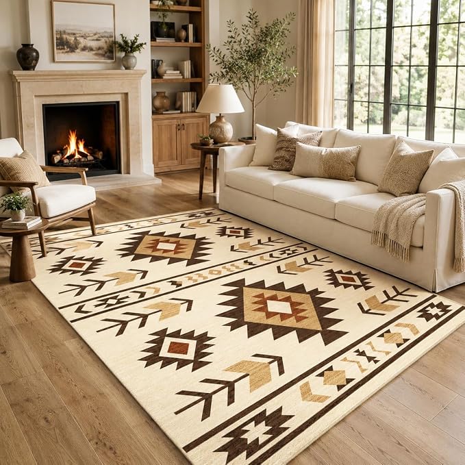 Area Rug 5x7 Western Rug Living Room Southwestern Aztec Tribal Rugs Southwest Navajo Machine Washable Non-Slip Printed Low-Pile Floor Carpet for Bedroom Dining Room Office, Camel