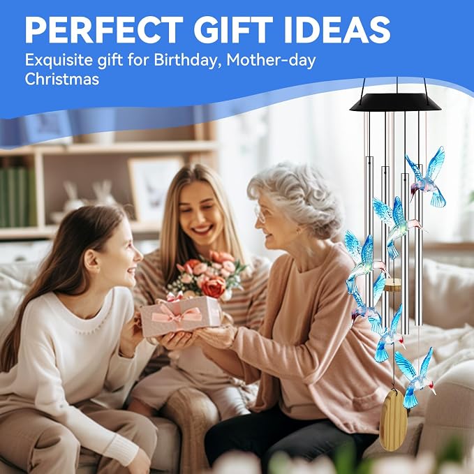 Wind Chimes for Outside, Solar Lights Outdoor Waterproof, Color Changing Hummingbird Light for Yard, Outdoor, Patio, Garden Decor, Wind Mobiles Gardening Gifts for Women, Mom, Wife, Blue Hummingbird