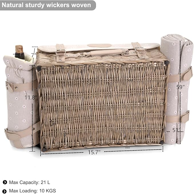 Multifunctional Wicker Picnic Basket Set for 2 with Blanket and Picnic Table, Insulated Picnic Set with Full Tablewares for Camping Outdoor Couples, Flowers