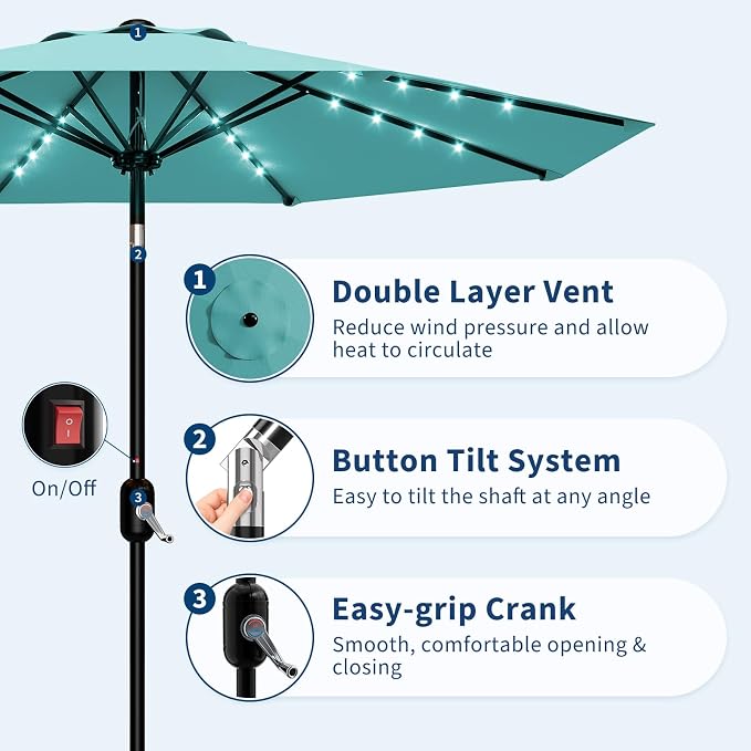 GarveeLife Patio Umbrella with Solar Lights, Outdoor Table Umbrella with 8 Durable Ribs, Tilt & Crank Mechanism, Water & UV Protection Sun Shade Umbrella for Garden, Poolside, Backyard (Yellow, 9 FT)