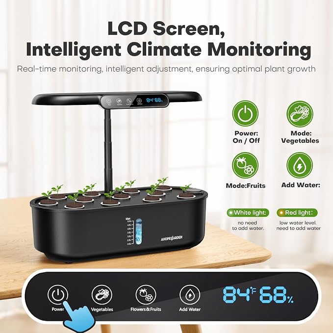 Ahopegarden Hydroponics Growing System: 12 Pods Temp ＆ Humidity Display | Plant Germination Kit with LCD Display and LED Grow Light for Planter Grower, Lettuce & Cherry Tomato Growth Enhancer
