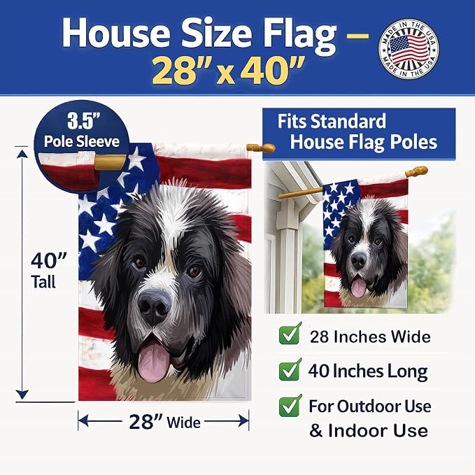 Caroline's Treasures CK6604CHF Landseer American Flag House Flag Large Porch Sleeve Pole Decorative Outside Yard Banner Artwork Wall Hanging, Polyester, House Size, Multicolor