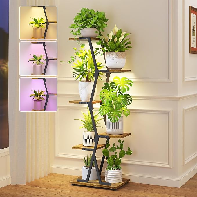 iDavosic.ly 5 Tier Indoor Plant Stand with Grow Light, Corner Tall Metal & Wood Flower Shelf, Orchid Display Rack for Living Room Balcony, Space Saving & Multifunctional Display, Black & Brown