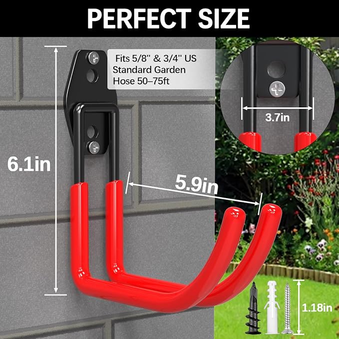 3-H Garden Hose Holder Wall Mount 4 Pack Solid Steel 5.9 Inch Extended Arm Compact Hose Hanger Heavy Duty Water Hose Holders for Outside,Red