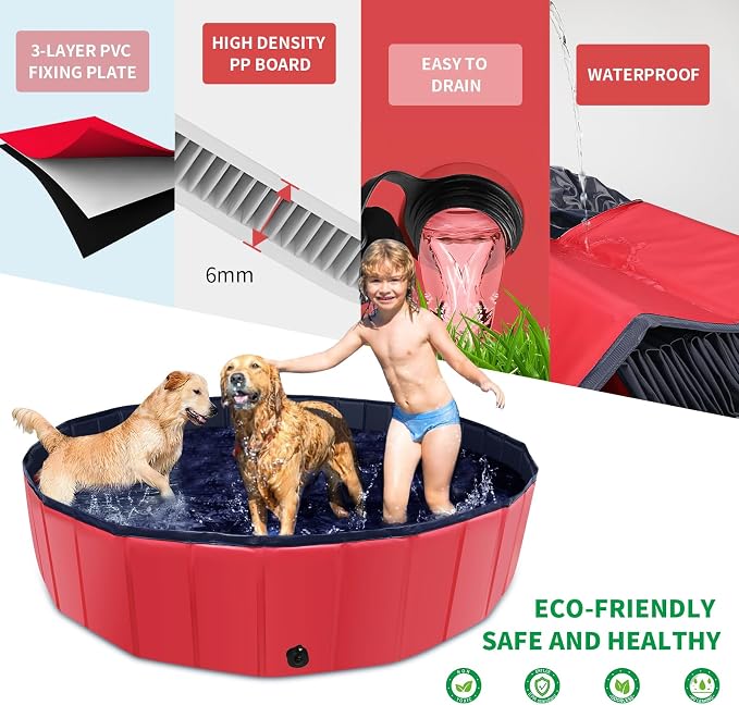 CACSPS Foldable Dog Pool, 55" x 12" Kiddie Pool with Hard Plastic, Non-Slip Dog Bath Tub for Outdoor Backyard, Collapsible Dog Swimming Pool for Kids Dogs Pets (Red)