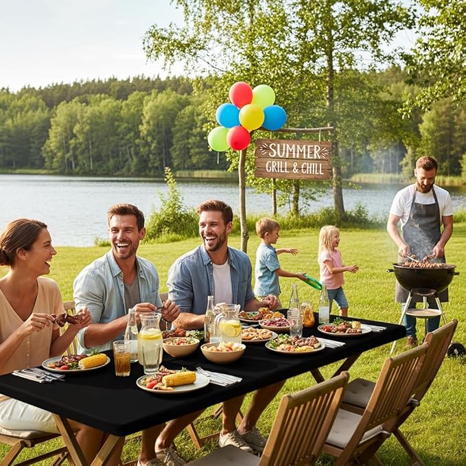 Smiry 6 Pack Rectangle Picnic Table Cloth, Waterproof Elastic Fitted Tablecloths, Washable Polyester Rectangular Patio Table Cover for Camping, Indoor and Outdoor (Black, 24"x48")
