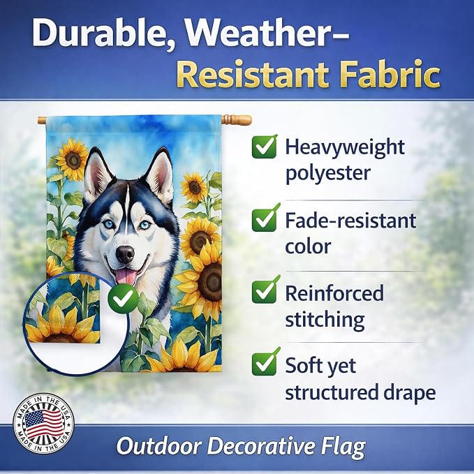 Caroline's Treasures DAC6164CHF Siberian Husky in Sunflowers House Flag Large Porch Sleeve Pole Decorative Outside Yard Banner Artwork Wall Hanging, Polyester, House Size, Multicolor