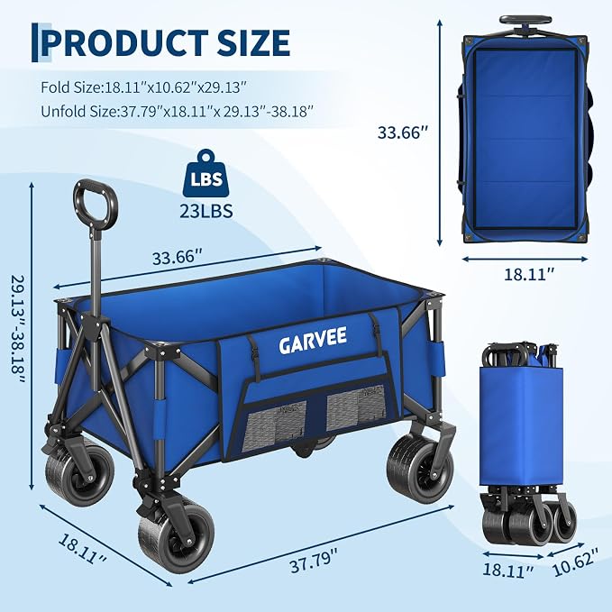 Wagon Carts Foldable, 460LBS Weight Capacity 280L Collapsible Wagon with All-Terrain Wheels, Drink Holders, Storage Cover&Elastic Rope, Utility Carts for Groceries, Shopping, Camping, Sports -Blue