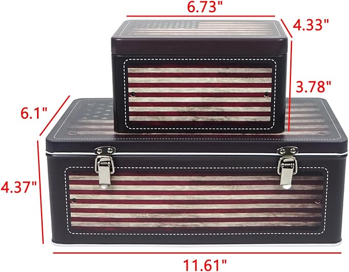 DreamsEden Tin Metal Keepsake Boxes, Vintage American Flag Decorative Storage Box with Lid for Keepsakes Memory Seed Tea Container, Set of 2