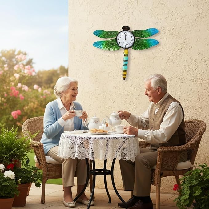 Unique Outdoor Clock Silent None-Ticking, Outdoor Wall Clock with Thermometer & Humidity, Waterproof Outside Clock for Patio, Living Room, Kitchen (Green Dragonfly)