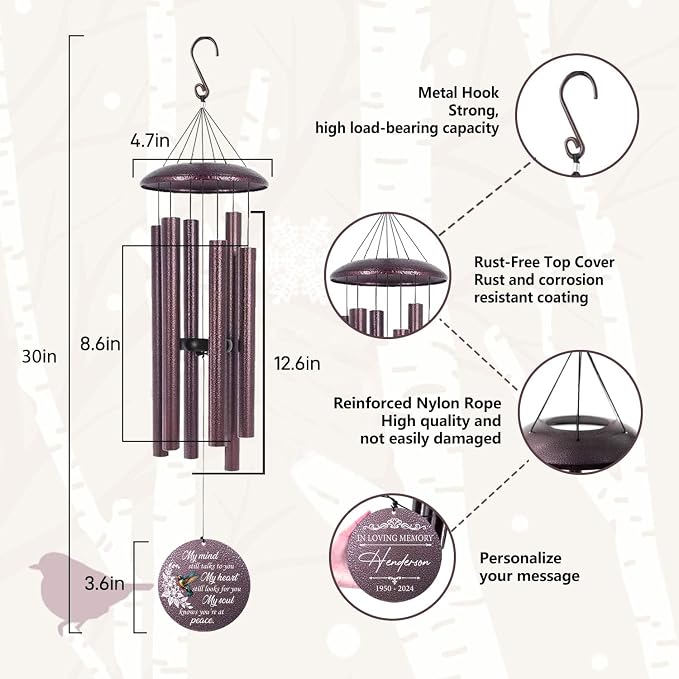 ASTARIN 36" Large Deep Tone Personalized Sympathy Wind Chimes, Memorial Wind Chime for Loss of Mother Father Loved One, Bereavement Gifts Decor Outdoor Patio Garden Graveyard, Produced in Texas