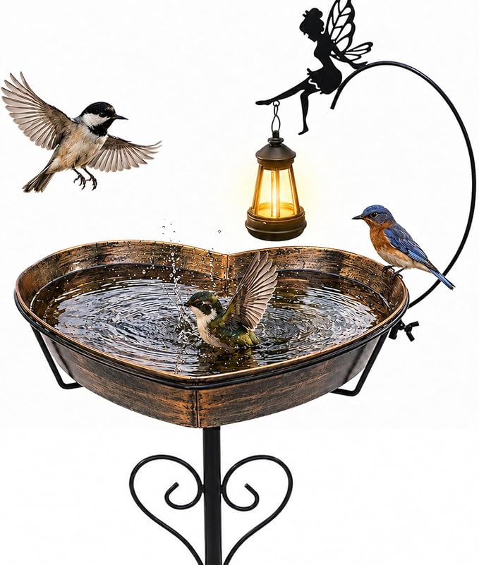 Solar Metal Heart-Shaped Bird Bath for Outdoors, Removable Vintage Freestanding 135 fl oz Bowl with Upgraded 5-Pronged Base & Fairy Lantern, Birdbaths for Garden Yard Lawn Decor Romantic Gifts