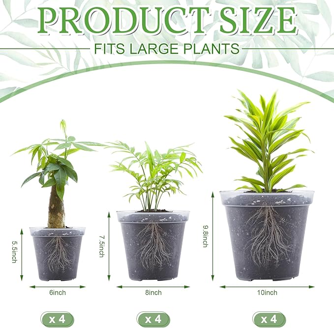 Vesici 12 Pcs 6/8/10 Inch Large Thickened Clear Nursery Pots Variety Pack Plant Pots with Drainage Holes Planters for Indoor Plants Flexible Transparent Plastic Plant Bottle Succulents
