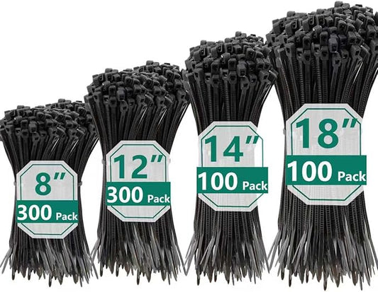 800 PCS Black Zip Ties Assorted Sizes 8+12+14+18 Inch Self-locking Nylon Cable ties Heavy Duty Outdoor, UV Resistant Wire Straps for Home Office Garden Workshop Indoor Outdoor Fence