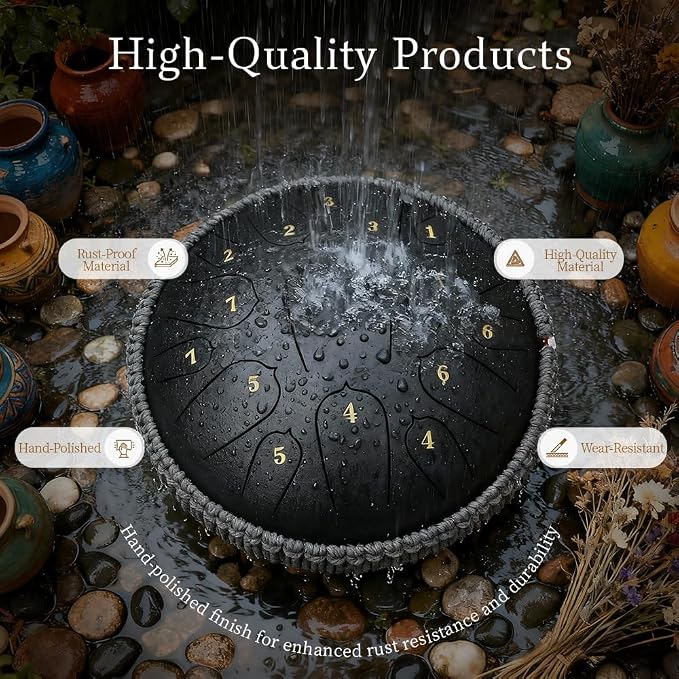 Rain Drum for Outside, 12 Inch 15 Notes Steel Tongue Drum, D Major Percussion Instrument with Soft Bag, Mallets & Music Book, Zen Garden Decor for Meditation, Yoga & Sound Healing (Black)