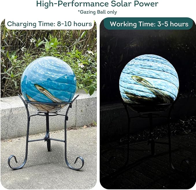 Lily's Home Gazing Ball - 7.68" Glass Globe with Solar Powered Lights - Outdoor Solar Lights for Yard & Patio - Garden Decor - Automatic On/Off Photosensitive Switch - Ocean Swirl