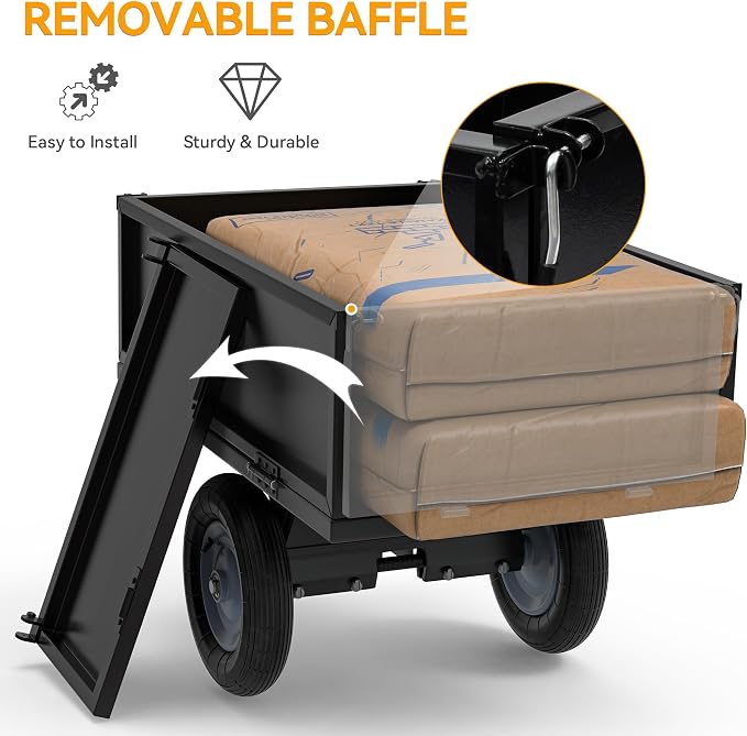 YINTATECH ATV Trailer Steel Dump Cart,Heavy Duty Pull Behind Dump Trailer with Fold-Down Side Panels, Yard Garden Utility Trailer for Lawn Mower Trailer Tractor, Alloy Steel, Black