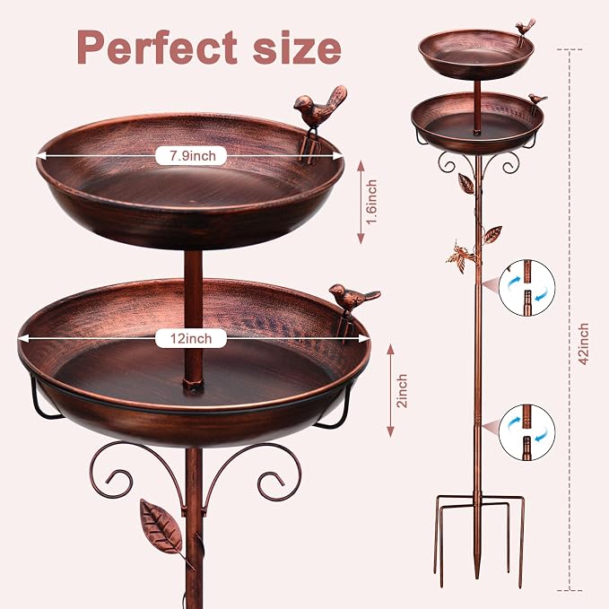 Bird Bath for Outside Bronze 2-in-1 Freestanding Garden Birdbath | Metal bird bath with floral scroll 5-Pronged Base Deep large bowl for birds drinking & bathing Yard patio landscape decor