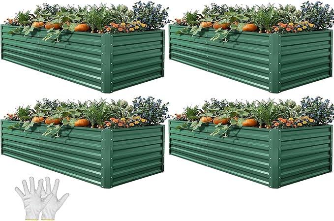YITAHOME 4pcs 72x36x24 in Galvanized Raised Garden Bed Kit, Large Metal Planter Box with Gloves & Support Rod, Outdoor Flower Bed for Plants Vegetables, Green