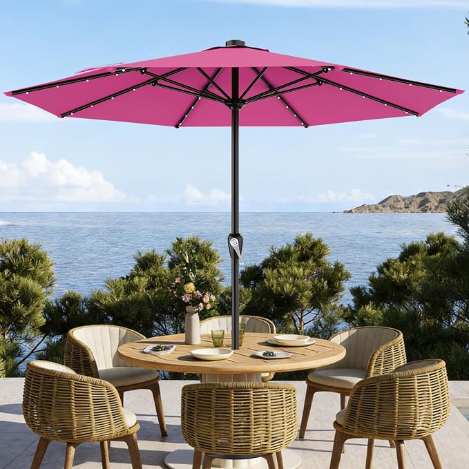 AreShark 12FT Large Patio Umbrella with Solar Lights, Solar Powered Outdoor Umbrella with Crank, Patio Table Market Umbrellas for Garden, Deck, Backyard, Pool and Beach, Rose Pink