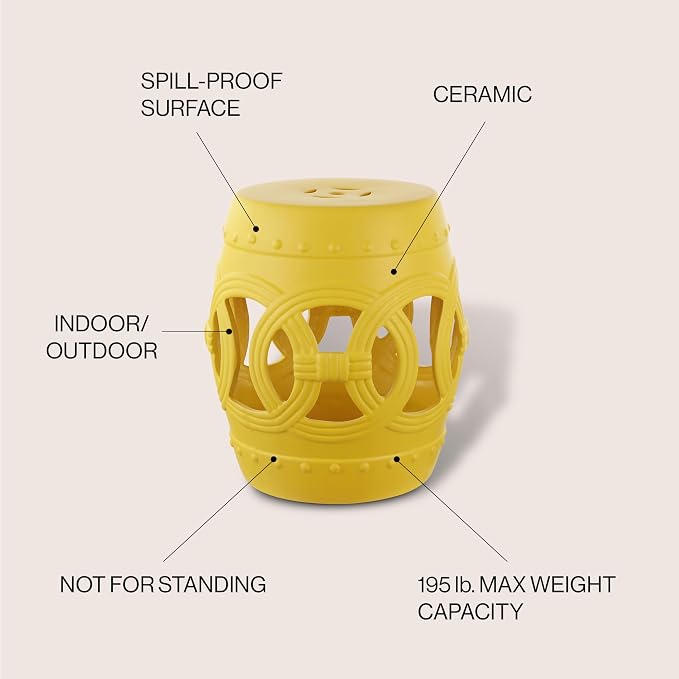 JONATHAN Y Lucky Coins 16" Ceramic Garden Stool, Contemporary Matte Yellow Cutout Interlocking Rings Drum Indoor/Outdoor Side Table and Plant Stand for Patio, Garden, Living Room TBL1022E