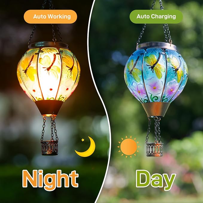 2 Pack Dragonfly Hot Air Balloon Solar Lantern Outdoor Waterproof, Glass Balloon Lanterns for Outside, Decorative Hanging Solar Lights Patio Garden Yard Gift for Women Moms