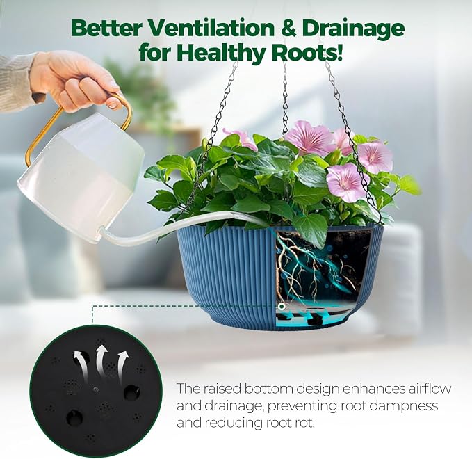 T4U 8 Inch Hanging Planters for Indoor Outdoor Plants, Self Watering Hanging Pot Pack of 2, Hanging Pots with Drainage Hole & Plug & Chain with 3 Hooks for Garden Home Decor, Blue