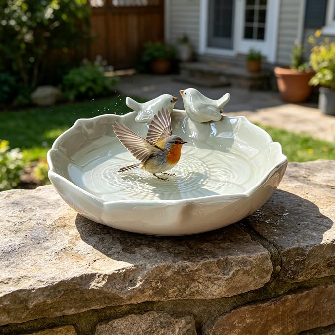 Ceramic Heavy Duty Ground Wild Bird Bath Bowl or Feeder for Outdoor Garden, Bowl Only (Beige (Glossy))